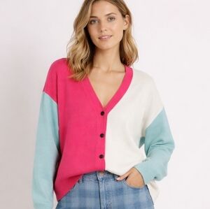 Elan Color Block V-Neck Long Sleeve Cardigan M Retro